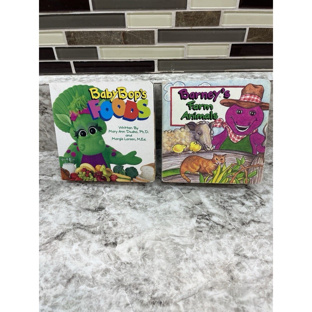 Barney’s Farm Animals + Baby Bop’s Foods Board Books (1990s Vintage Set)